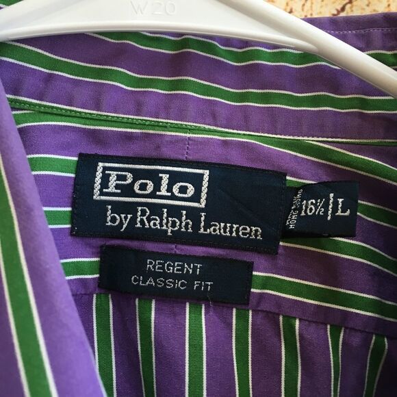 POLO RALPH LAUREN REGENT CLASSIC FIT SHIRT IN PURPLE AND GREEN STRIPES - Picture 2 of 5
